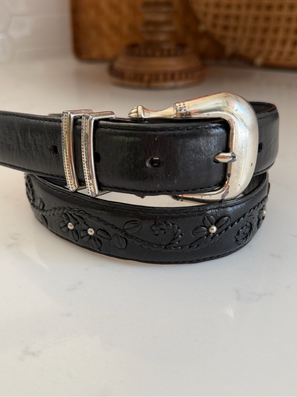 Brighton Black Leather Floral Tooled Belt Size 30 1” Silver Tone Buckle